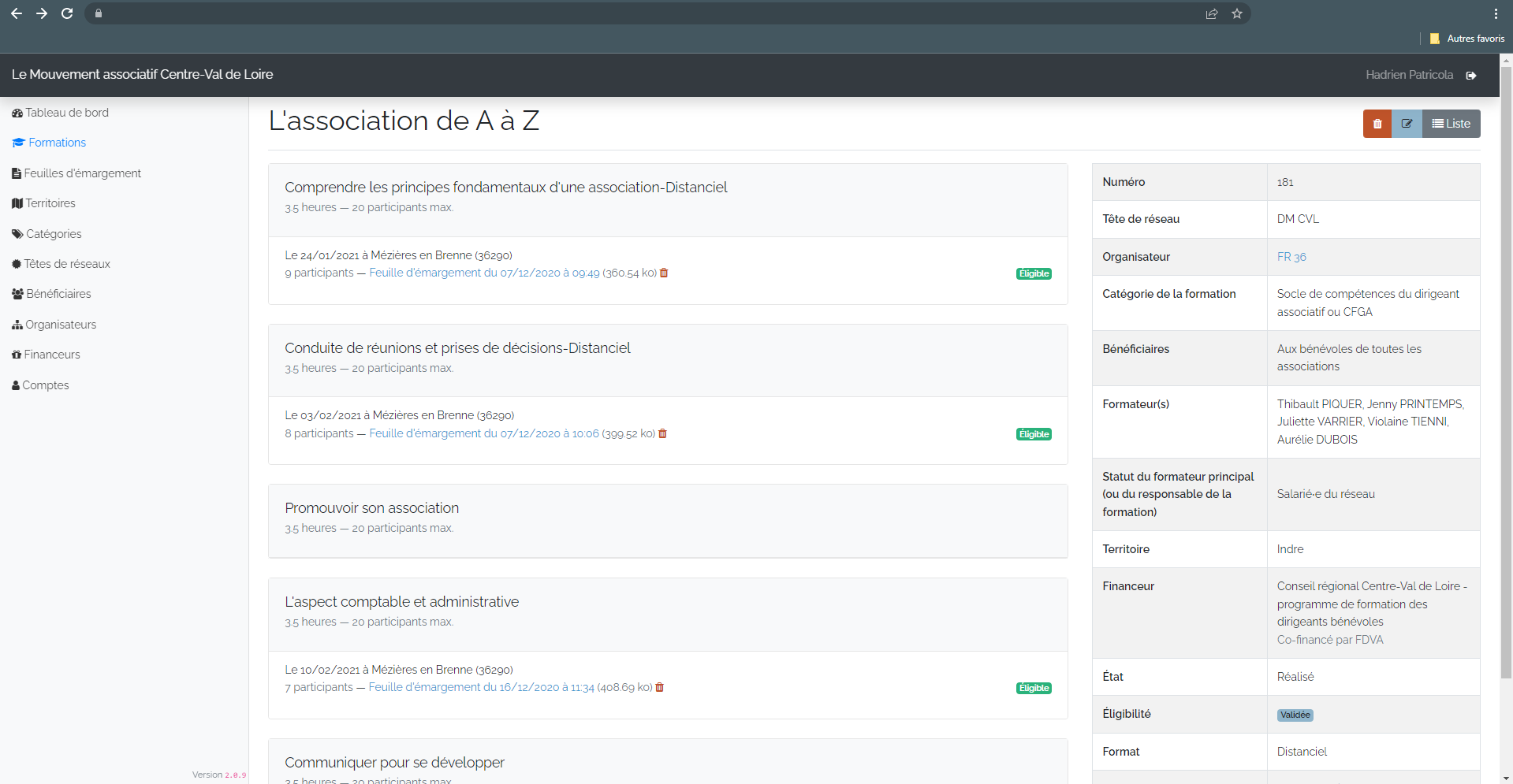 Vue d'une formation et de ses modules