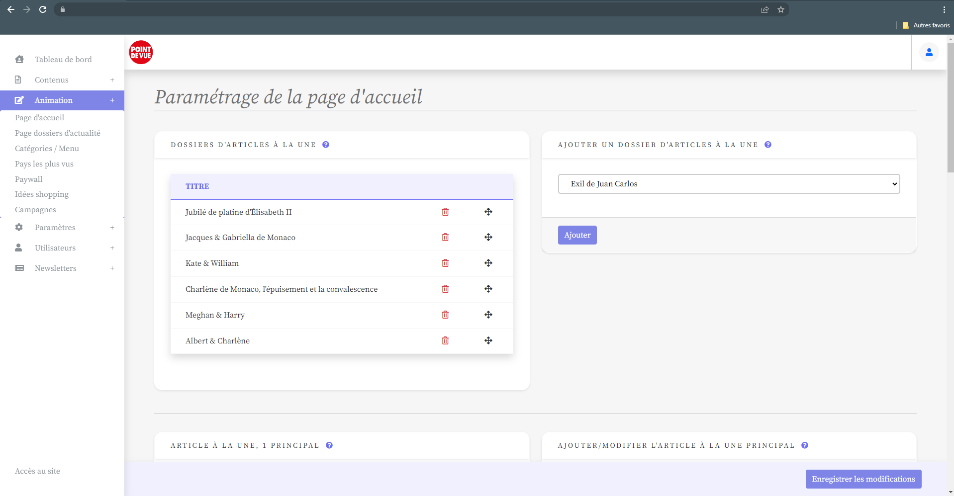 Gestion des contenus dans le back-office